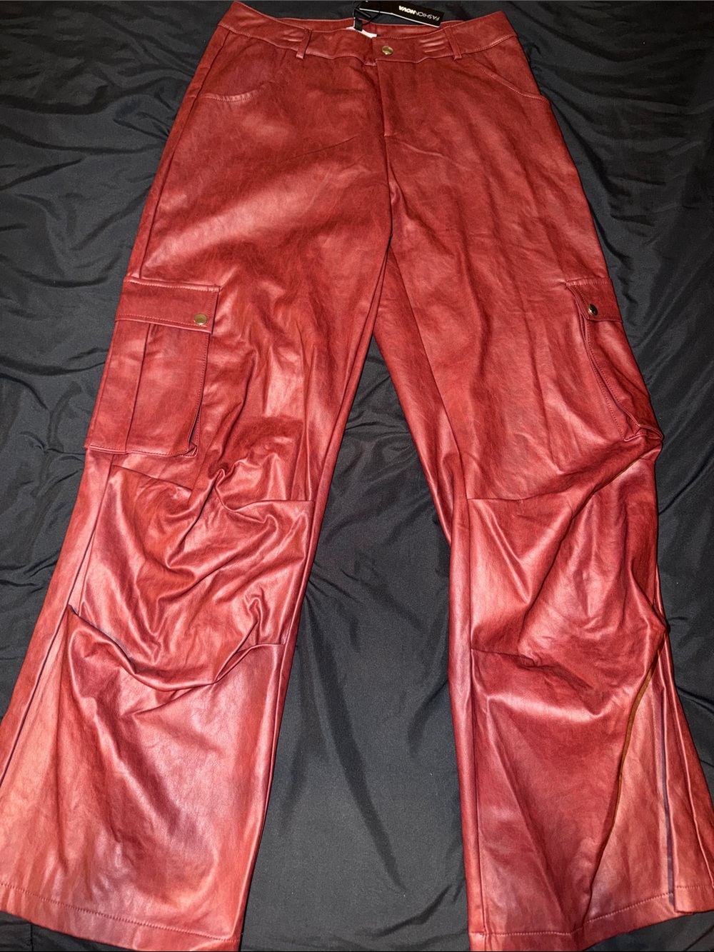 NWT FashionNOVA Lookout Mid Rise Faux Leather Red Cargo Pants